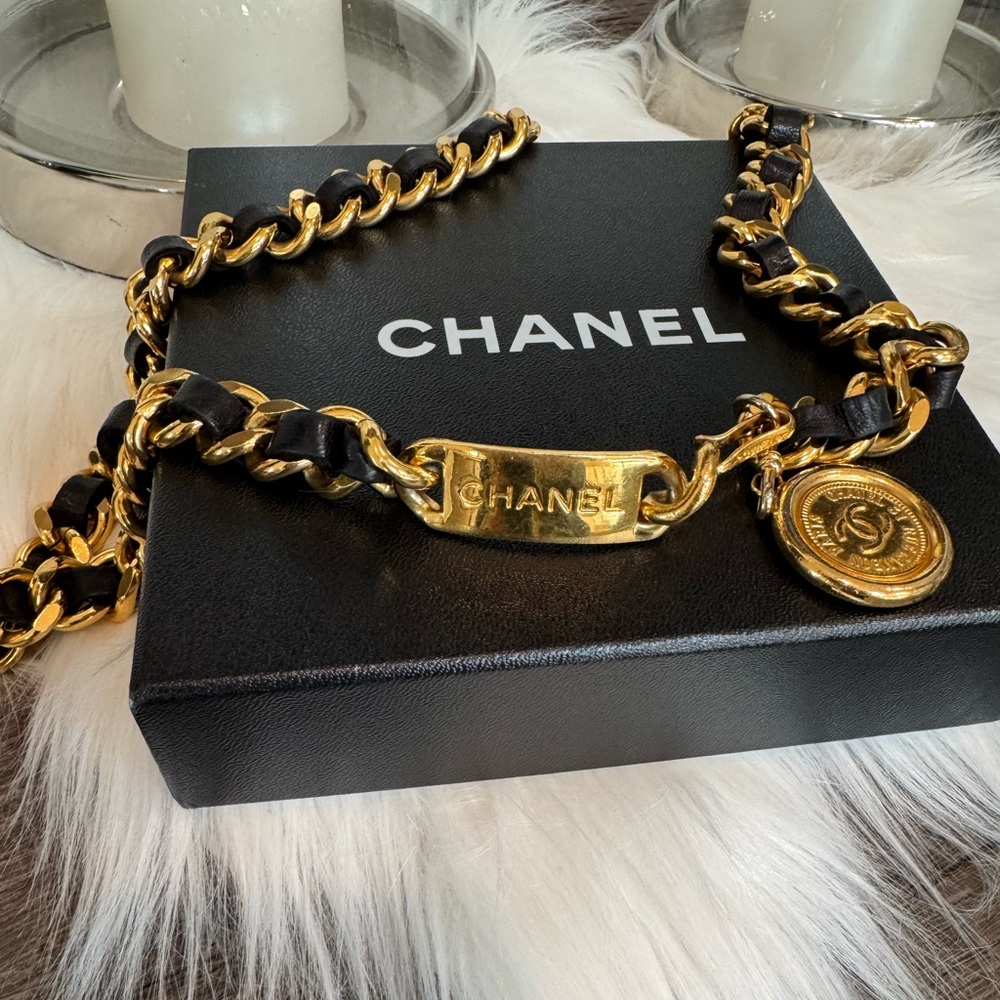 Chanel Goldtone Chain Belt with Black Leather & Charm - 32”